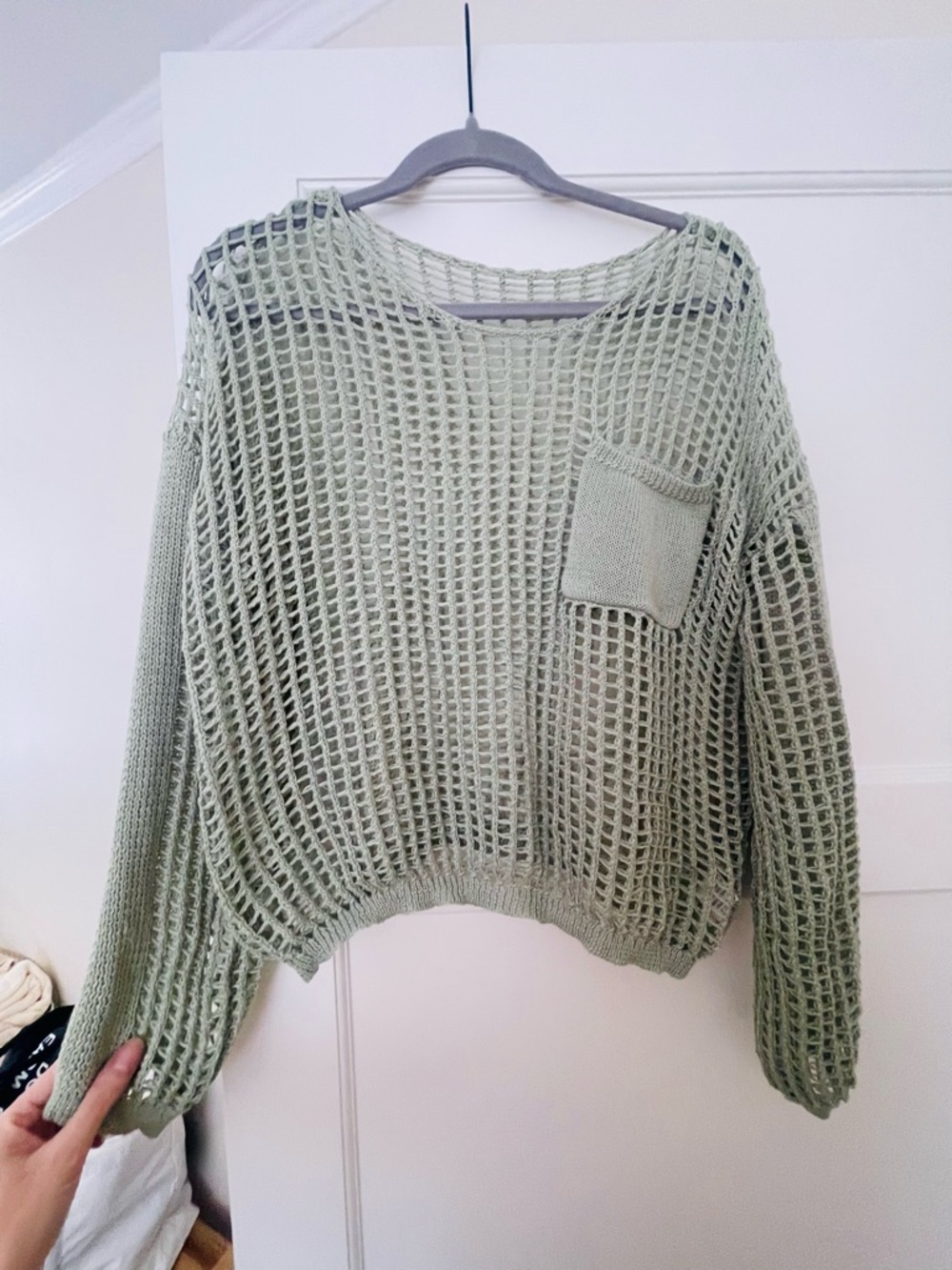 Vintage Sage Open-Knit Pocket Crewneck Sweater